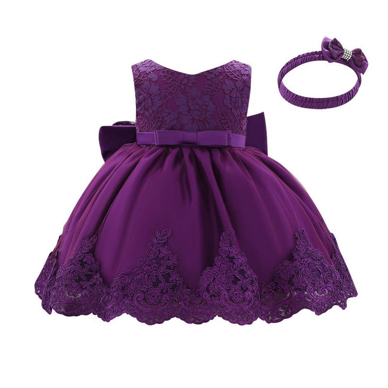 OBEEII Flower Girl Embroidered Lace Tutu Dress Infant Baby Girls V Neck Bowknot First Birthday Dress Princess Wedding Formal Event Pageant Christmas Dress Summer Party Dresses Purple 12-18 Months - Image 3